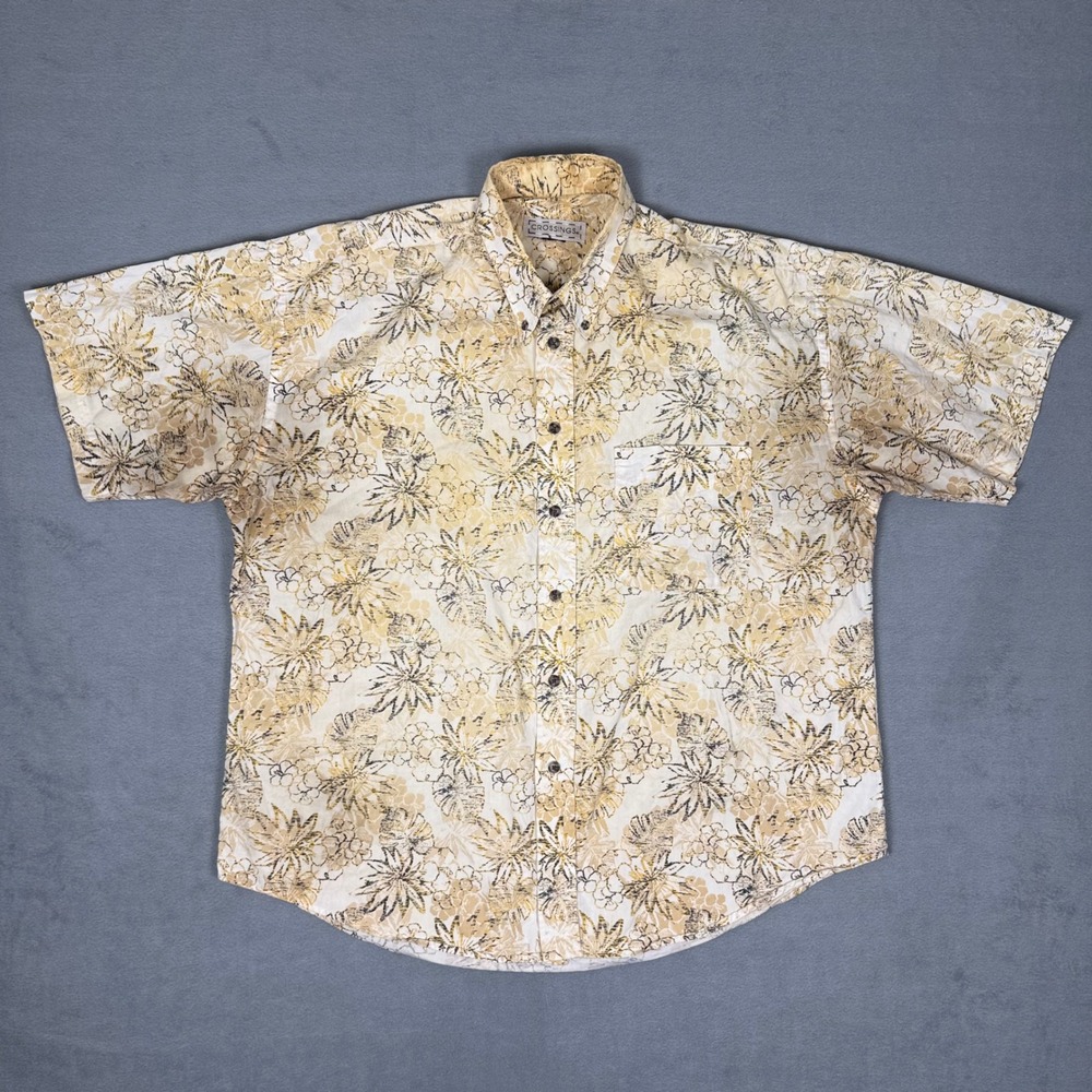 Vintage 90s‎ Tropical Floral Shirt Mens XL Short Sleeve Hawaiian Gold Cream